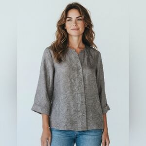 Eileen Fisher Silk Crepe Kimono Blouse Womens M Taupe Grey 3/4 Sleeve Button Up